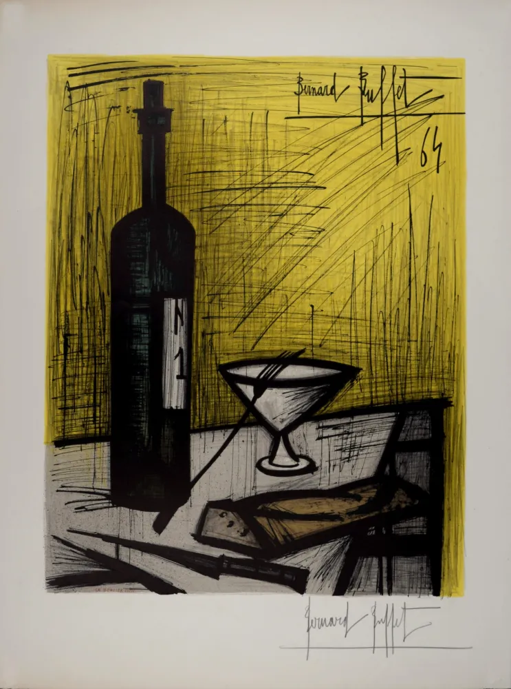 Lithografie Buffet - Nature morte à la bouteille de vin et au pain, 1964 - Hand-signed