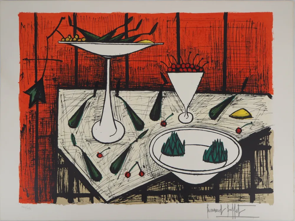 Lithografie Buffet - Nature morte au fond rouge
