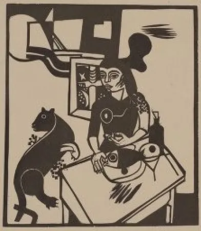 Houtsnede Campendonk - Am Tisch sitzende Frau mit Katze und Fisch / Woman Sitting at Table with Cat and FIsh