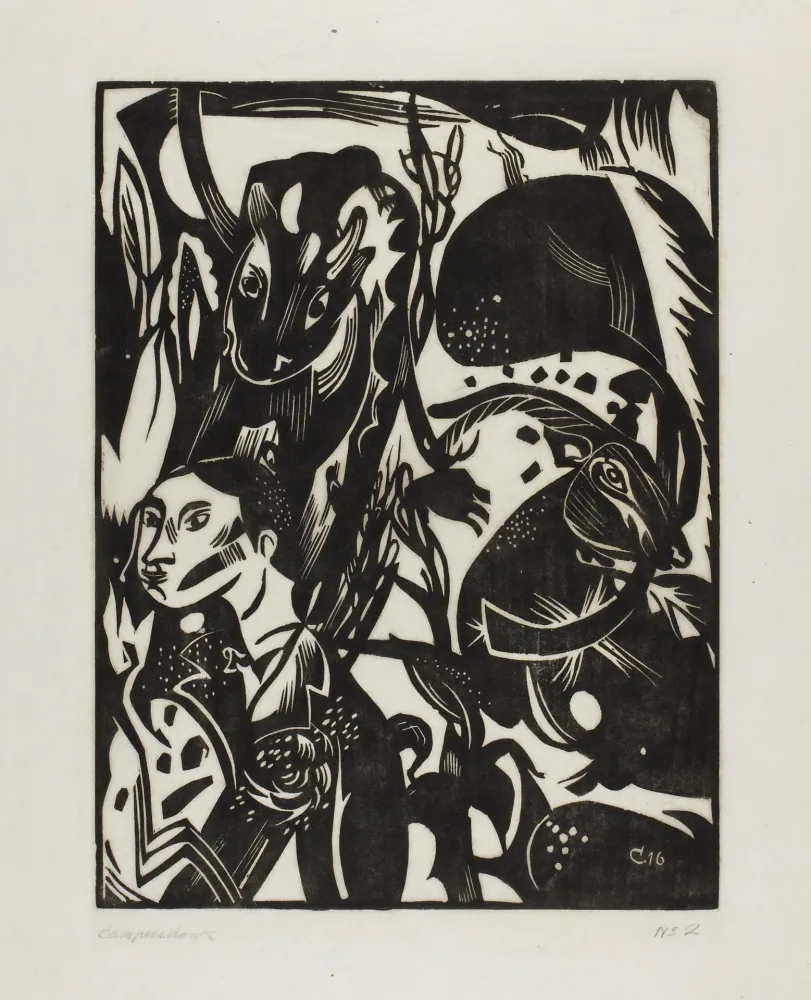 Houtsnede Campendonk - Männliche Halbfigur mit Kuh und Ziege 