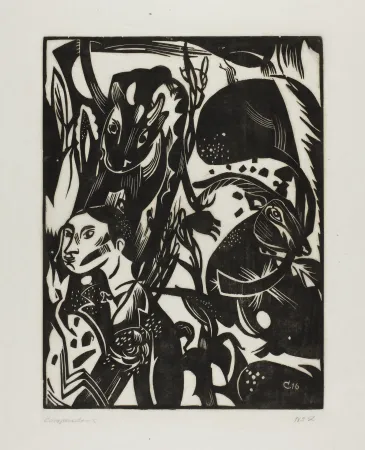 Houtsnede Campendonk - Männliche Halbfigur mit Kuh und Ziege 