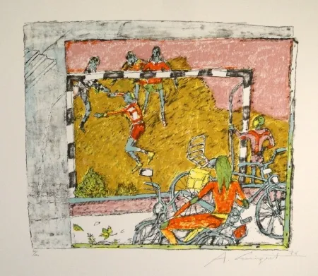 Lithografie Carigiet - (Fussballspiel)