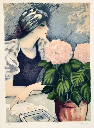 Lithografie Cassigneul  - Jeune Femme au Hortensia