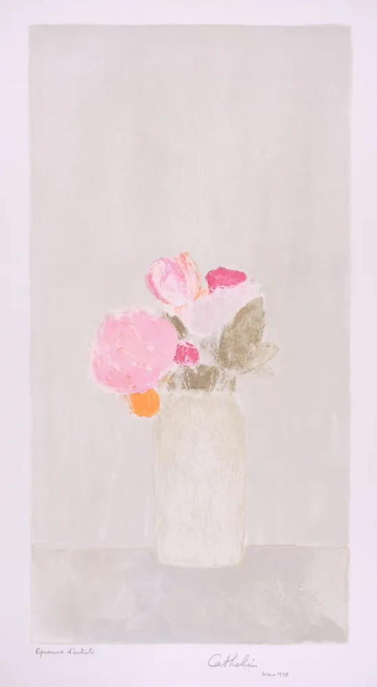 Lithografie Cathelin - Bouquet de roses au fond gris - Bouquet of roses on a grey background