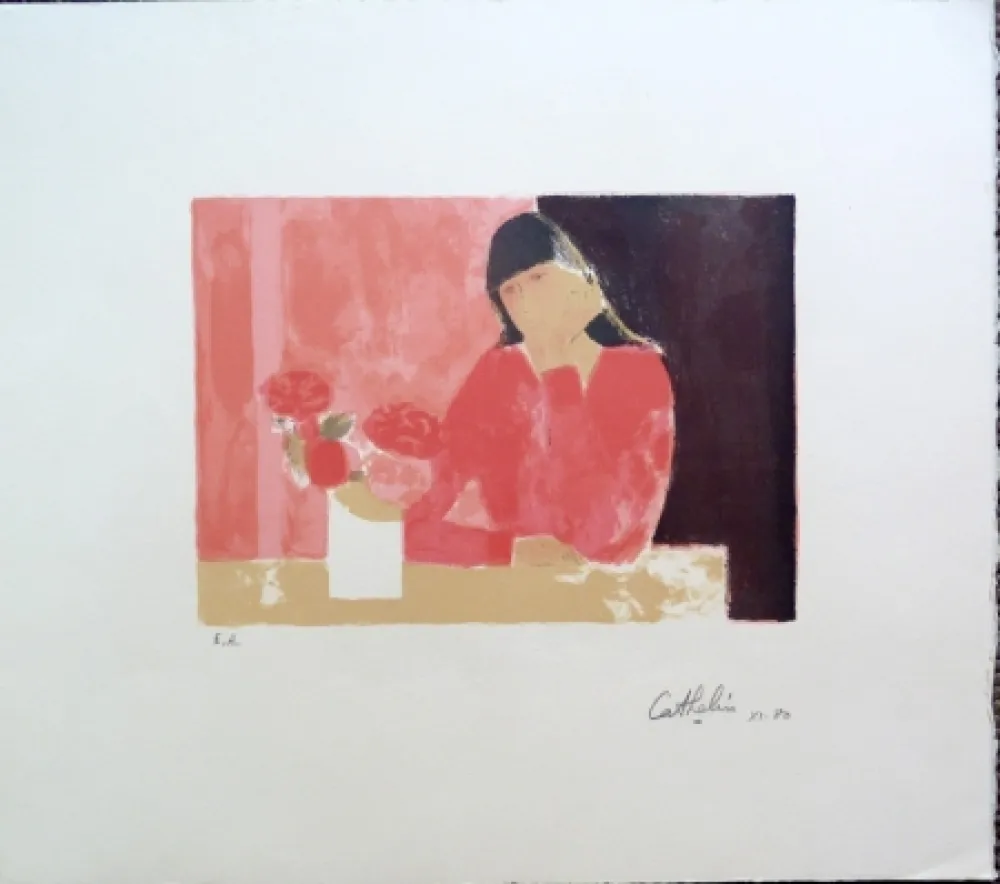 Lithografie Cathelin - Femme au Bouquet de Roses