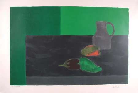 Lithografie Cathelin - Nature morte noire et verte aux poivrons - Still Life in black and green with peppers