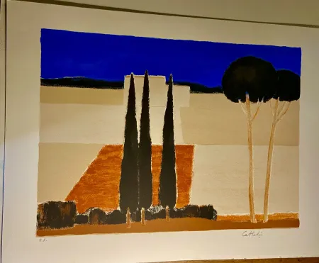 Lithografie Cathelin - Paysage aux cyprès