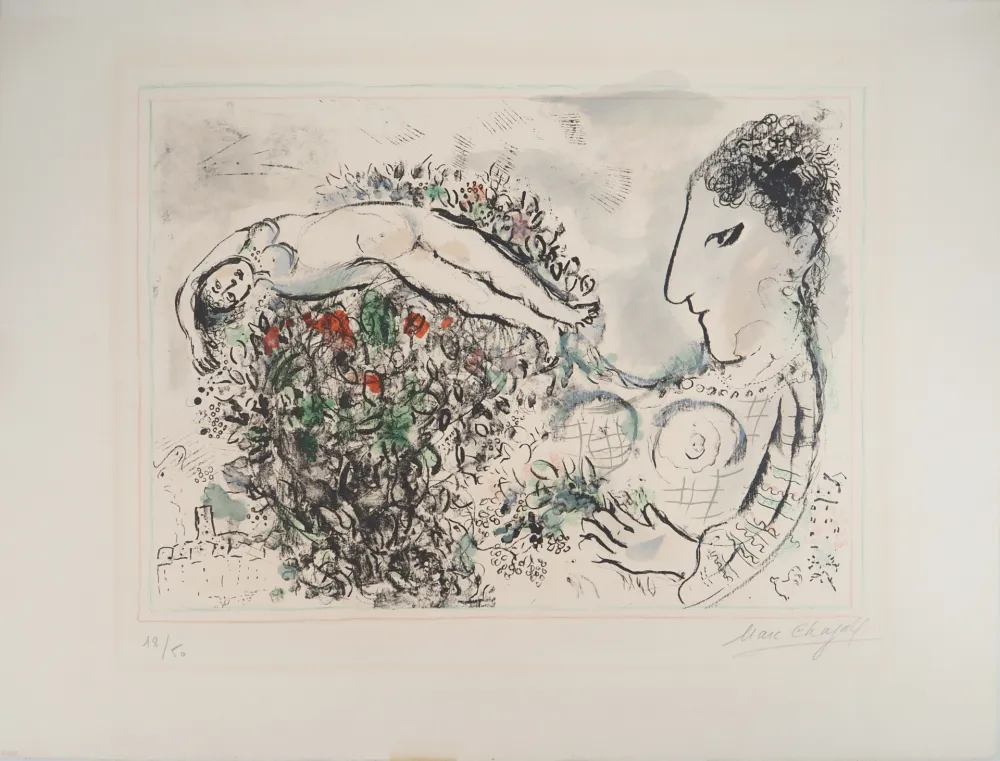 Lithografie Chagall - Autoportrait au bouquet et nu