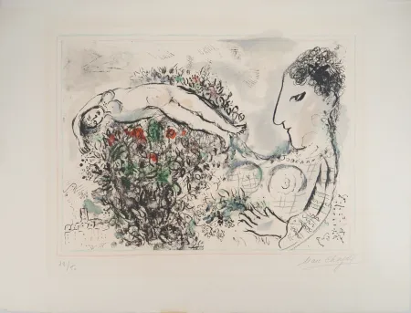 Lithografie Chagall - Autoportrait au bouquet et nu