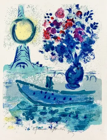 Lithografie Chagall - Bateau-Mouche au Bouquet - La Seine