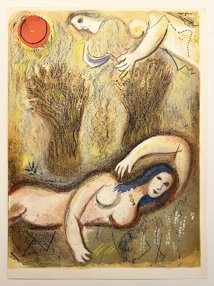 Lithografie Chagall - BOOZ SE RÉVEILLE ET VOIT RUTH À SES PIEDS (Dessins pour la Bible 1960)