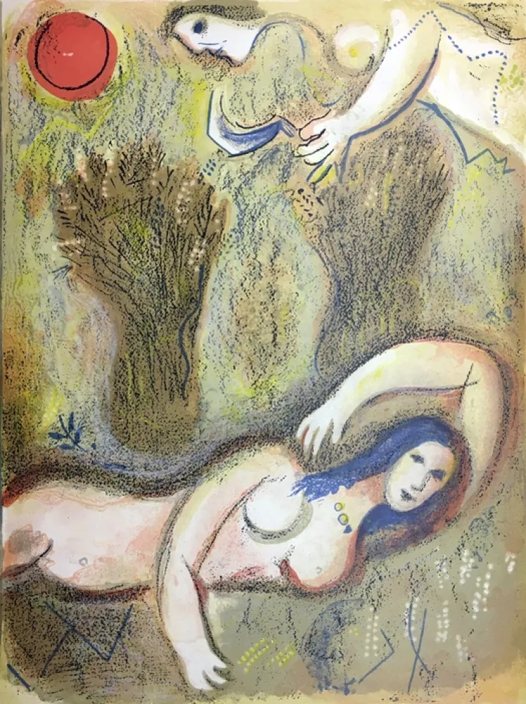 Lithografie Chagall - BOOZ SE RÉVEILLE ET VOIT RUTH À SES PIEDS (Dessins pour la Bible 1960)