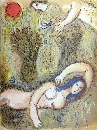 Lithografie Chagall - BOOZ SE RÉVEILLE ET VOIT RUTH À SES PIEDS (Dessins pour la Bible 1960)