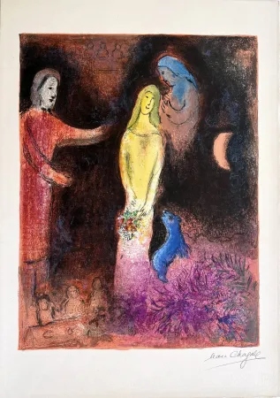 Lithografie Chagall - CHLOÉ VÊTUE ET COIFFÉE PAR CLÉARISTE (Daphnis & CHLOÉ - 1961)