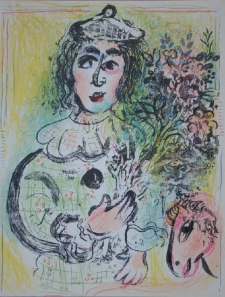 Lithografie Chagall - Clown avec des fleurs