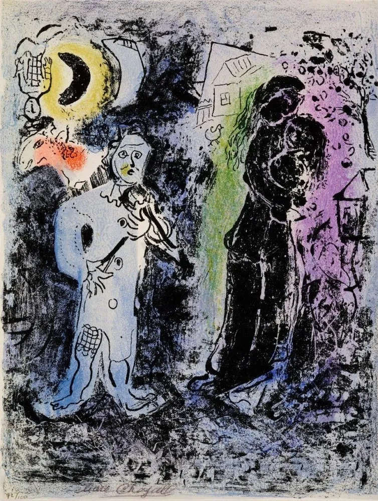 Lithografie Chagall - Couple noir au musicien