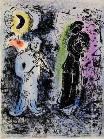 Lithografie Chagall - Couple noir au musicien