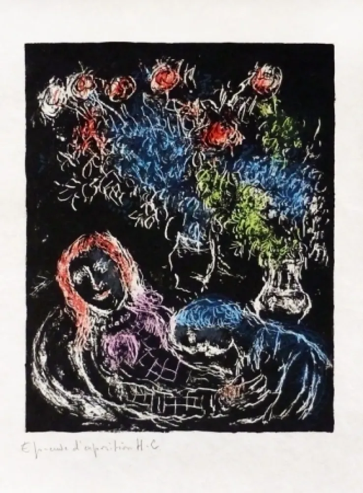 Lithografie Chagall - Couple sur fond noir
