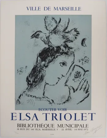 Lithografie Chagall - Elsa Triolet : Femme à l'oiseau