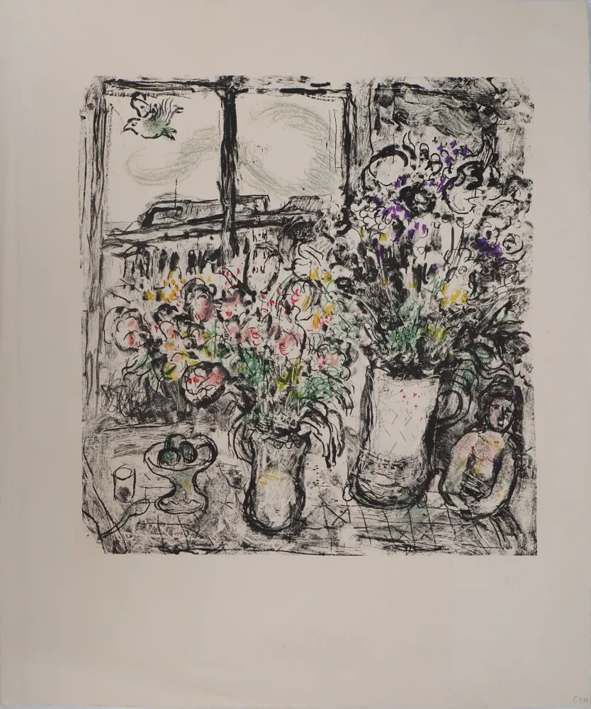 Lithografie Chagall - Fleurs devant la fenêtre