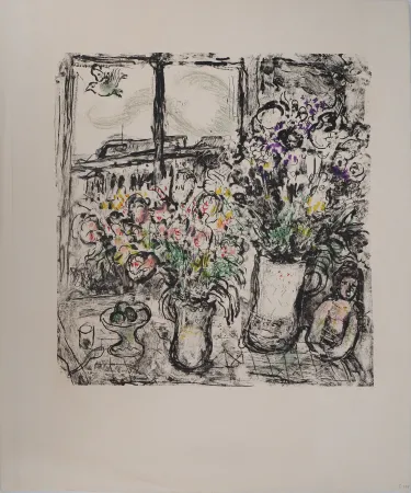 Lithografie Chagall - Fleurs devant la fenêtre