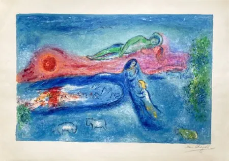 Lithografie Chagall - LA MORT DE DORCON, signée à grandes marges (Daphnis et Chloé - 1961)