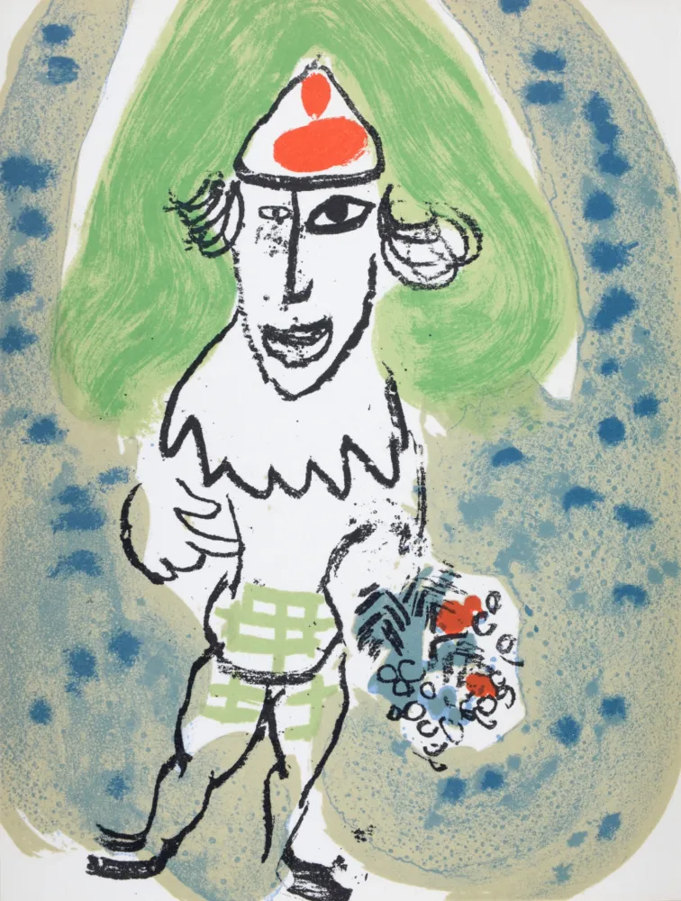 Lithografie Chagall - Le clown vert avec bouquet de fleurs, 1966
