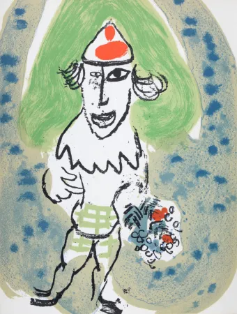Lithografie Chagall - Le clown vert avec bouquet de fleurs, 1966