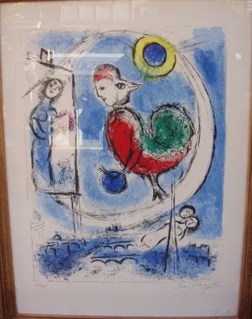 Lithografie Chagall - Le coq sur Paris 