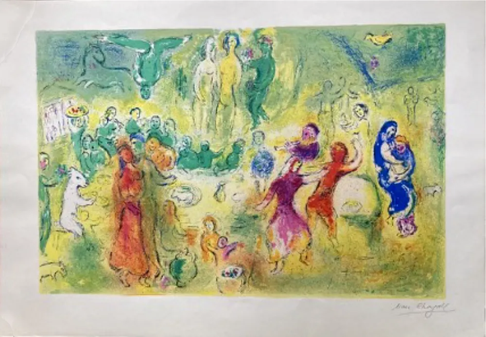 Lithografie Chagall - LE FESTIN NUPTIAL ((Wedding Feast). Épreuve signée (Daphnis & Chloé - 1961)