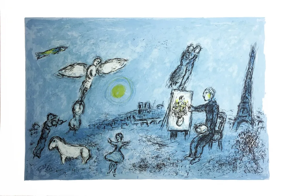 Lithografie Chagall - LE PEINTRE ET SON DOUBLE (Épreuve à plat sur Arches). 1981.