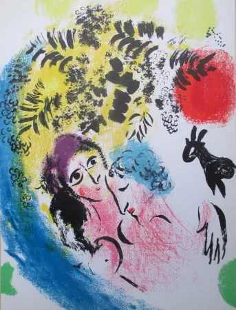 Lithografie Chagall - Les Amoureux au soleil rouge