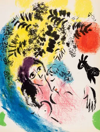 Lithografie Chagall - Les Amoureux au Soleil Rouge