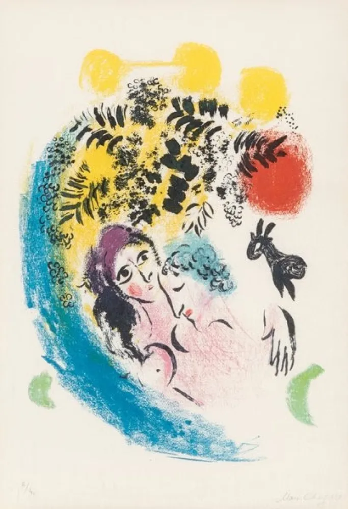 Lithografie Chagall - Les amoureux au soleil rouge