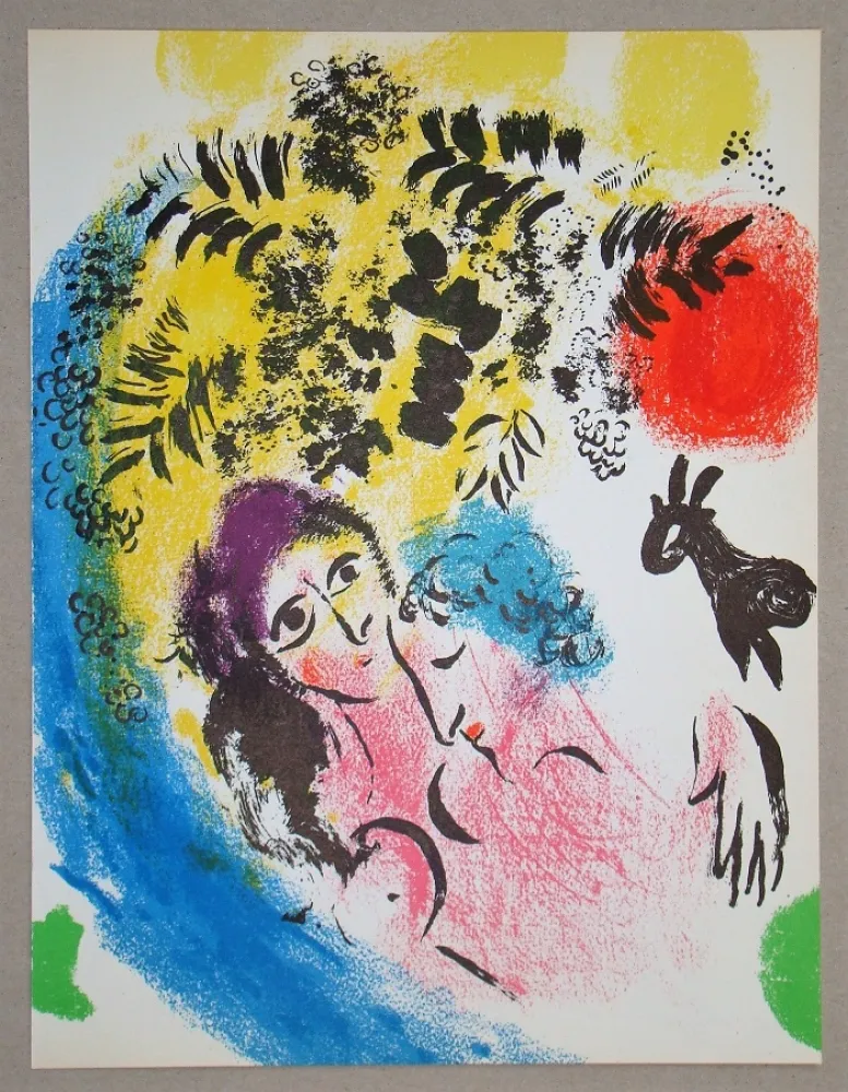 Lithografie Chagall - Les Amoureux Au Soleil Rouge