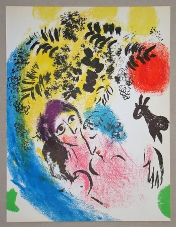 Lithografie Chagall - Les Amoureux Au Soleil Rouge