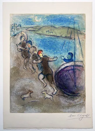 Lithografie Chagall - LES JEUNES GENS DE METHYMNE. Lithographie originale signée (Daphnis & Chloé, 1961)