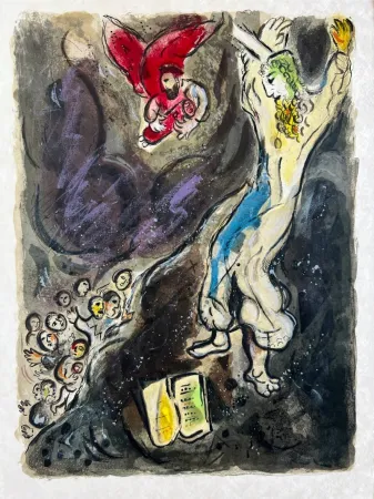 Lithografie Chagall -  Moses wrath waxed hote, and he cast the Tables out of his handes, and brake them in pieces beneath the mountaine