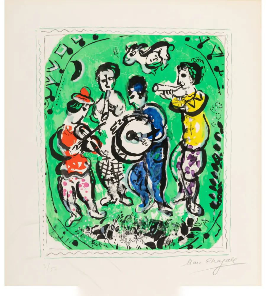 Lithografie Chagall - Musiciens sur fond vert