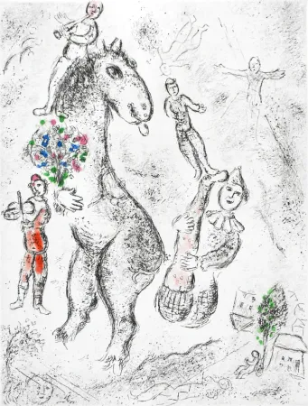 Ets En Aquatint Chagall - Original etching «Horse, violinist and clown» from «Celui qui dit les choses sans rien dire» (1976)