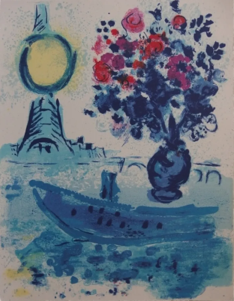 Lithografie Chagall - Paris : Bateau mouche au bouquet  - La Seine