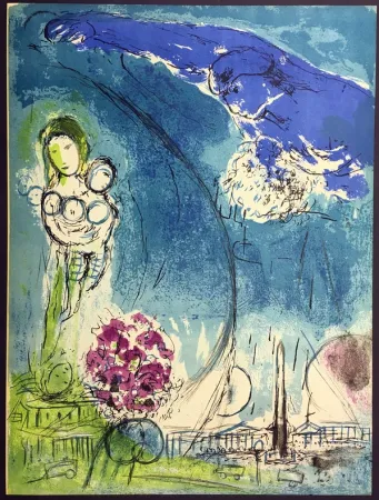 Lithografie Chagall - PLACE DE LA CONCORDE. Lithographie originale pour VISION DE PARIS (1953)