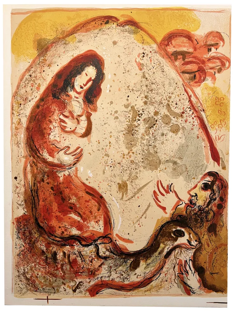 Lithografie Chagall - RACHEL DÉROBE LES IDOLES DE SON PÈRE (Dessins pour la Bible, 1960)
