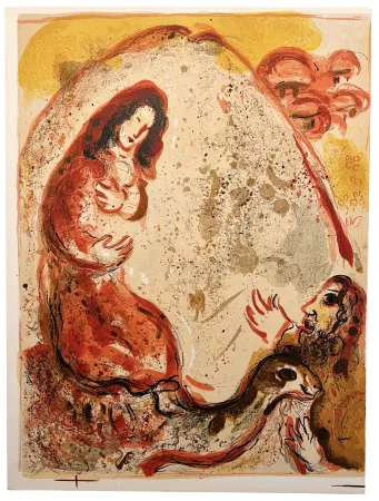 Lithografie Chagall - RACHEL DÉROBE LES IDOLES DE SON PÈRE (Dessins pour la Bible, 1960)