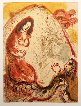 Lithografie Chagall - RACHEL DÉROBE LES IDOLES DE SON PÈRE (Dessins pour la Bible, 1960)