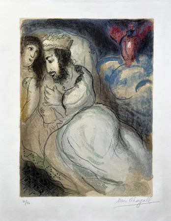 Lithografie Chagall - SARA ET ABIMELECH (Sarah and Abimelech). Lithographie originale signée pour DESSINS POUR LA BIBLE.