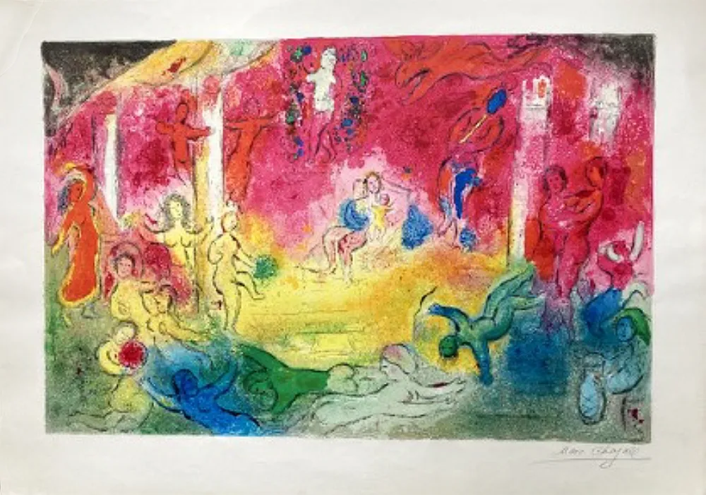 Lithografie Chagall - TEMPLE ET HISTOIRE DE BACCHUS. Épreuve signée (Daphnis & Chloé - 1961)