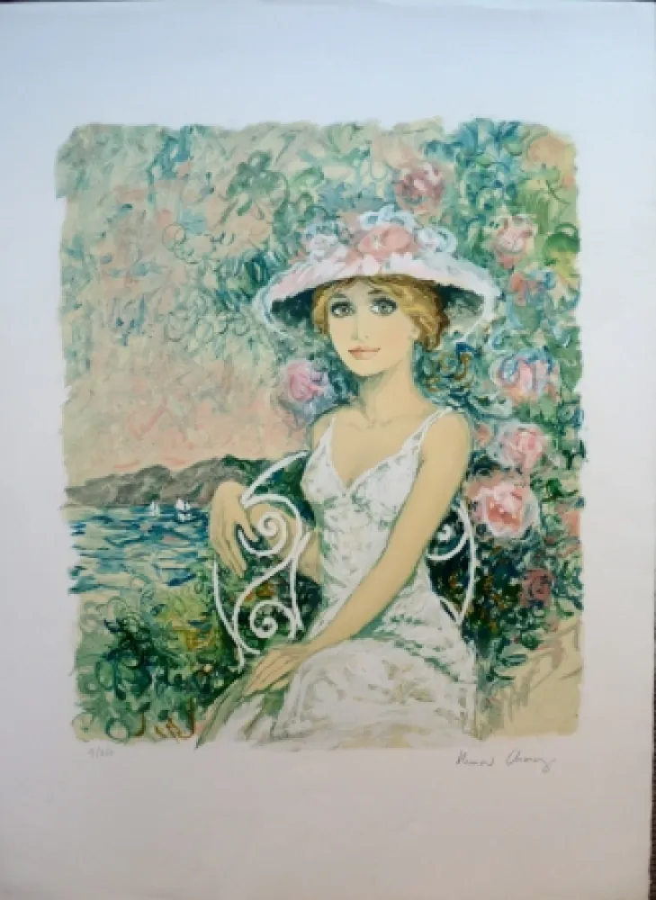Lithografie Charoy - Femme au Jardin