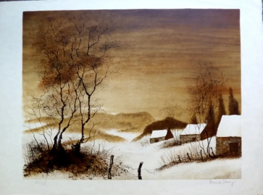 Lithografie Charoy - Hameau en Hiver