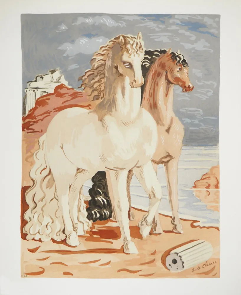 Lithografie Chirico (De) - Couple de chevaux dans un paysage mythologique, c